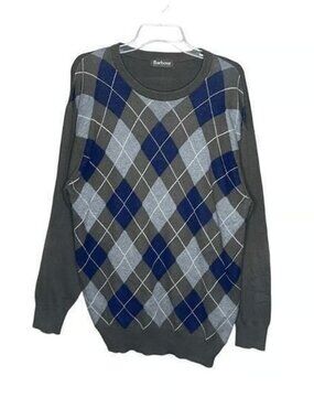 Vintage Barbour Mens Green Blue Argyle Crewneck Cashmere Sweater Size Large